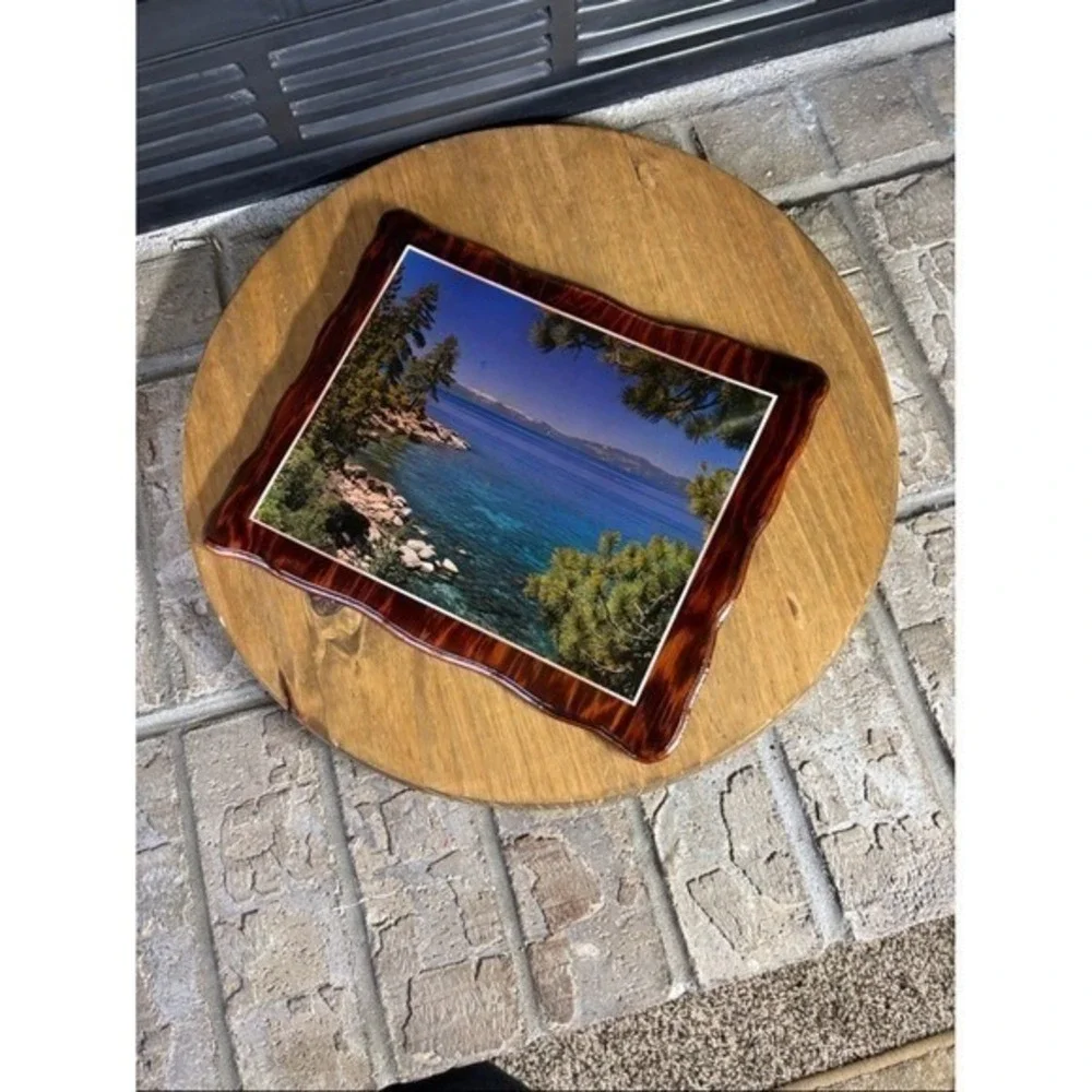 Vintage Lake Tahoe Mountains Landscape Art Print Glossy Wood 70/80s 12